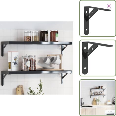 The Living Store Staffe per Mensola 4 pz 20x2,5x14 cm in Acciaio Inox Nero - Staffe per scaffali