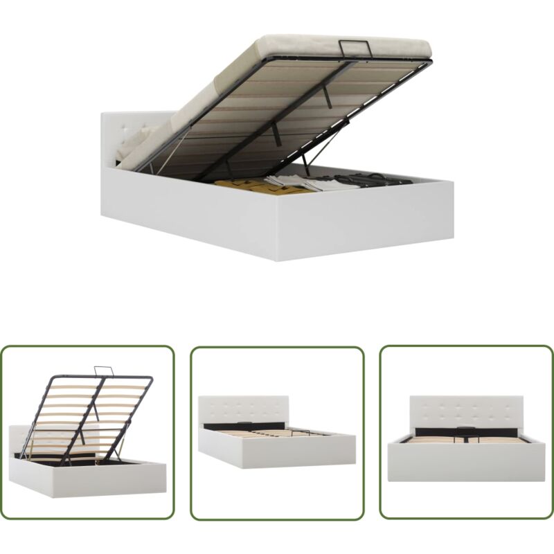 The Living Store Stauraumbett Hydraulisch Weiß Kunstleder 120×200 Cm - Doppelbett - Bettgestell - Stauraumbett - Kunstlederbett - Weißes Bett