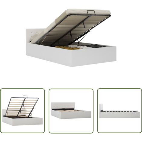 The Living Store Stauraumbett Hydraulisch Weiß Kunstleder 140×200 cm - Bettgestell - Doppelbett - Stauraumbett - HYDRAULISCHES BETT - Kunstlederbettt