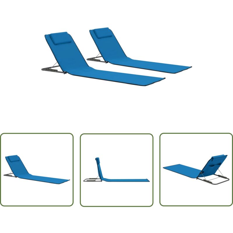 The Living Store - Tapis de plage pliables 2 pcs Acier et tissu Bleu - Chaise Longue Pliable - Transats De Jardin - Mobilier De Jardin - Chaises