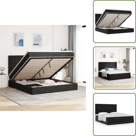 The Living Store Struttura Letto Pouf con Materassi Nero 160x200 cm in Velluto - Materasso a molle insacchettate