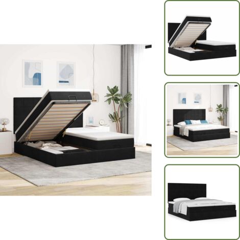 The Living Store Struttura Letto Pouf con Materassi Nero 200x200 cm Velluto - Materasso a molle insacchettate