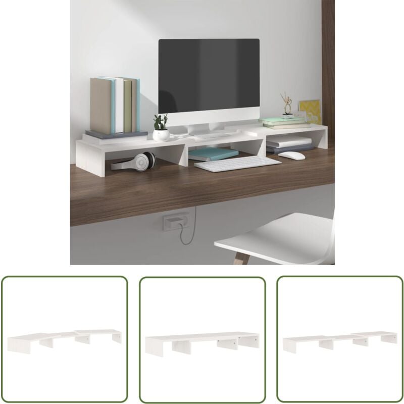 The Living Store - Support de moniteur Blanc 80x24x10,5 cm Bois de pin solide - Support D'écran - Meuble Tv - Support De Moniteur Bois - Bureau