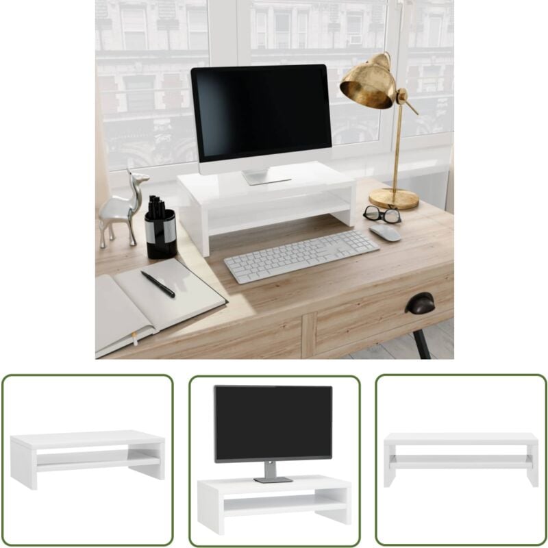 The Living Store - Support de moniteur Blanc brillant 42x24x13cm Bois d'ingénierie - Support Tv - Meuble Tv - Bureau Ergonomique - Support Ordinateur