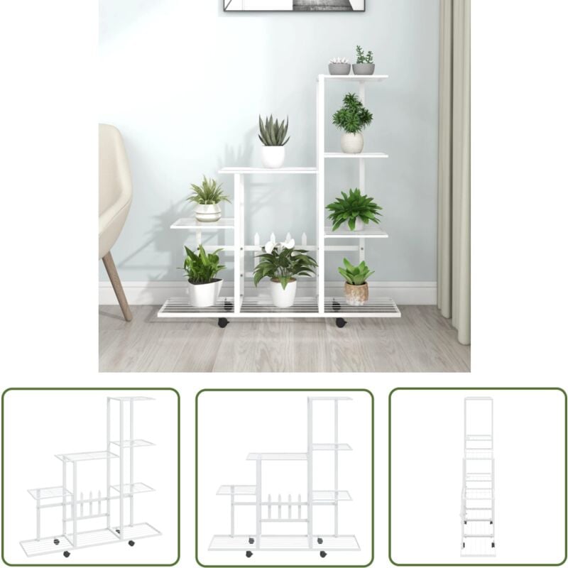 Devenirriche - The Living Store Support pour plantes sur roues 94,5x25x92,5 cm Blanc Métal - Support Plante - Support Fleur - Jardinerie - Rangement