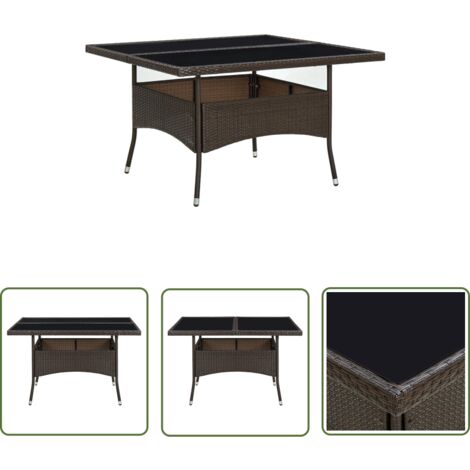 The Living Store Table à dîner d'extérieur Marron Résine tressée et verre - Table À Manger Extérieur - Table Jardin - Table Résin Tressée - Table Aluminium - Mobilier Jardin