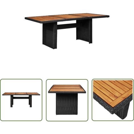 The Living Store Table à manger de jardin Noir 200x100x74 cm Résine tressée - Table De Jardin - Table Repas Extérieur - Mobilier De Jardin - Table Acacia - Table Résine Tressée