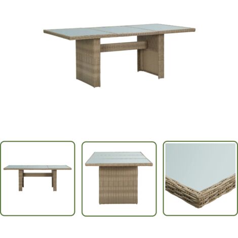 The Living Store Table à manger Marron 200x100x74 cm Verre et résine tressée - Table De Jardin - Table Repas Extérieur - Mobilier De Jardin - Table En Résine Tressée - Table Avec Verre