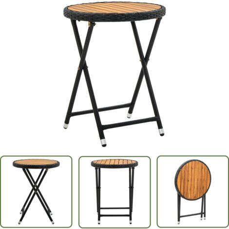 The Living Store Table à thé Noir 60 cm Résine tressée et bois d'acacia solide - Table À Thé - Table De Jardin - Mobilier De Jardin - Table Extérieure - Table Pliante