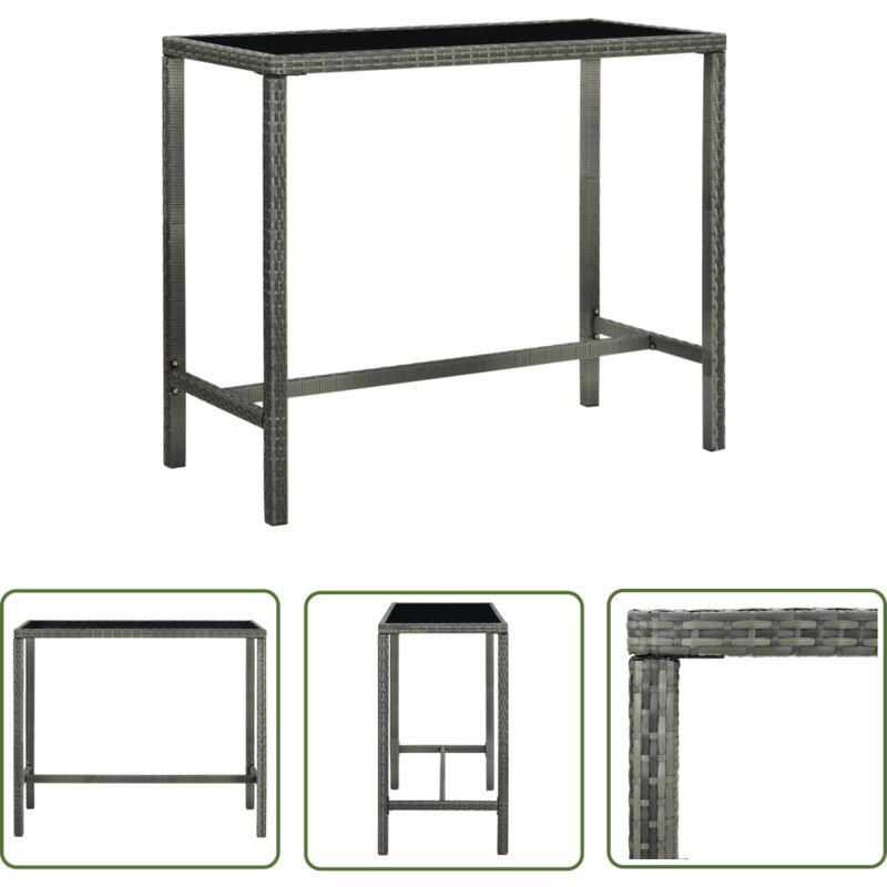 The Living Store - Table bar de jardin Gris 130x60x110 cm Résine tressée et verre - Table De Jardin - Table Bar - Mobilier De Jardin - Table En