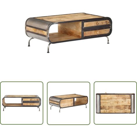 The Living Store Table basse 100x50x35 cm Bois de manguier massif - Table Basse Industrielle - Table Basse Bois Massif - Table Basse Rangement Tiroir - Meubles Salon - Décoration Intérieure
