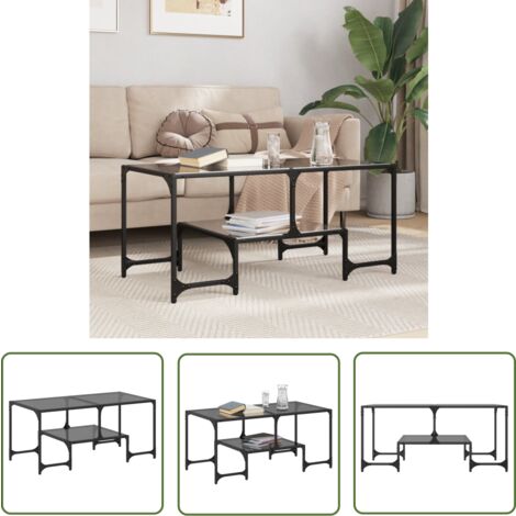 The Living Store Table basse avec dessus en verre noir 98,5x50x45 cm acier - Table Basse - Meuble Salon - Table D'appoint - Bout De Canapé - Table En Verre