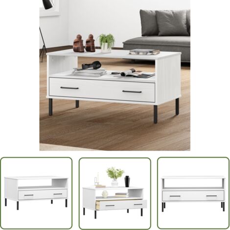 The Living Store Table basse avec pieds en métal Blanc 85x50x45 cm Bois OSLO - Table Basse - Meuble TV - Table D'appoint - Table Ronde - Design Scandinave