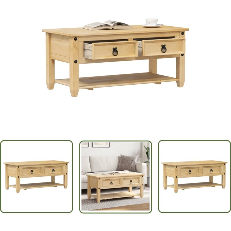 The Living Store - Table basse avec tiroirs Corona 100x48x45 cm bois de pin massif - Table Basse - Meuble tv - Table D'appoint - Table Salon - Bois