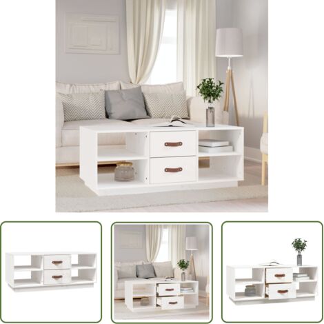 The Living Store Table basse Blanc 100x50x41 cm Bois massif de pin - Table Basse Blanche - Meuble Salle Séjour - Table Bois Massif - Table D'appoint Design - Rangement Tiroir Étagère