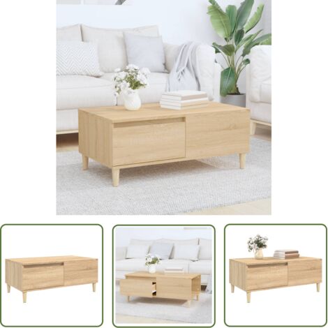 The Living Store Table basse Chêne sonoma 90x50x36,5 cm Bois d'ingénierie - Table Basse Design Scandinave - Table Basse Moderne - Table Basse Avec Tiroir - Meuble Salon - Table D'appoint
