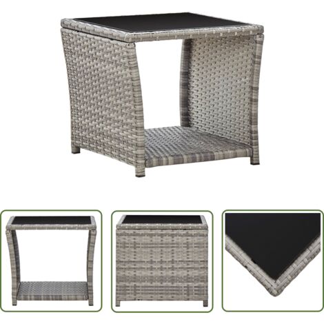 The Living Store Table basse Gris 45x45x40 cm Résine tressée et verre - Table Basse Jardin - Table D'extérieur - Mobilier De Jardin - Table En Résine Tressée - Table Ronde
