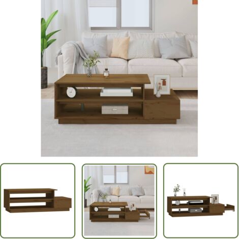 The Living Store Table basse Marron miel 120x50x40,5 cm Bois massif de pin - Table Basse - Meuble Salon - Table D'appoint - Table Design - Bois Massif