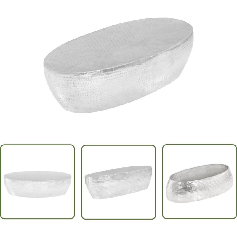 The Living Store - Table basse martelée Argenté 100x50x28 cm Aluminium - Table Basse - Meuble De Salon - Table Ronde - Table Oval - Table En Aluminium