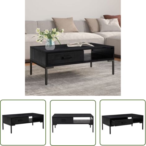The Living Store Table basse Noir 90x50x35 cm Bois de pin massif - Table Basse - Meuble TV - Table D'appoint - Table Industrielle - Style Vintage