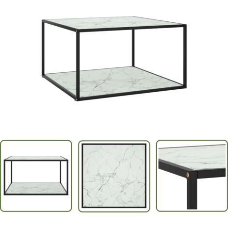 The Living Store Table basse Noir avec verre marbre blanc 90x90x50 cm - Table Basse - Meuble Salon - Table D'appoint - Table Contemporaine - Table Design