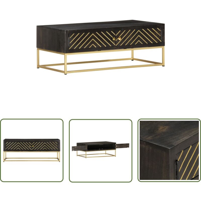The Living Store - Table basse Noir et doré 90x50x35 cm Bois solide de manguier - Table Basse - Table D'appoint - Mobilier Retro - Meubles Design