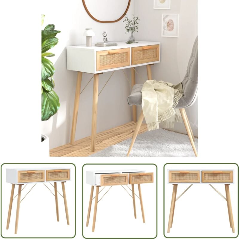 The Living Store - Table console Blanc 80x30x75 cm Bois massif pin /rotin naturel - Table Basse - Meuble Entrée - Table D'appoint - Table Console