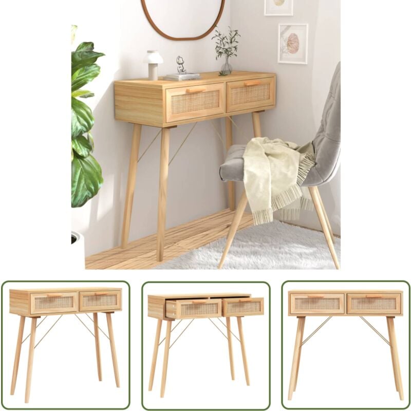 The Living Store - Table console Marron 80x30x75 cm Bois massif pin /rotin naturel - Table Basse - Meuble Entrée - Table D'appoint - Table Console