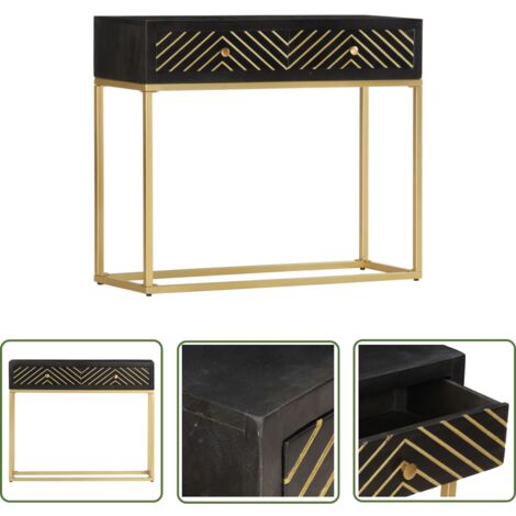 The Living Store Table console Noir et doré 90x30x75 cm Bois de manguier massif - Table Basse - Meuble Industriel - Buffet - Commode - Rangement