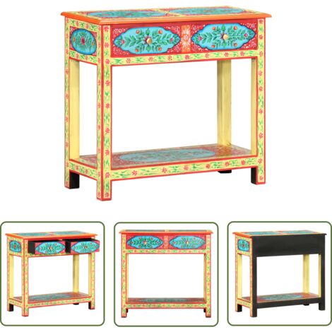 The Living Store Table console peinte à la main 80x35x75 cm Bois de manguier - Table Basse - Meuble D'appoint - Table Console - Décoration Intérieure - Mobilier Vintage