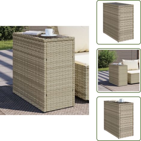The Living Store Table d'appoint de jardin avec dessus en verre gris clair rotin - Table D'appoint Jardin - Table Extérieure - Mobilier De Jardin - Table Patio - Table Ronde