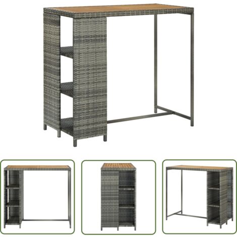 The Living Store Table de bar avec rangement Gris 120x60x110 cm Résine tressée - Table De Bar - Table Haute - Table Bistrot - Table Avec Rangement - Table Acacia