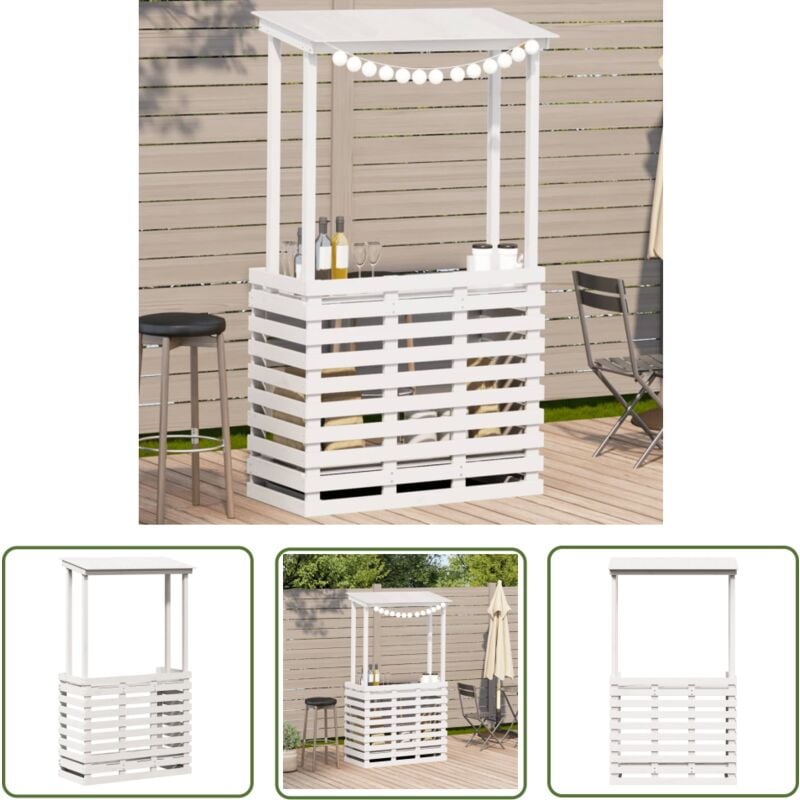 Table de bar d'extérieur avec toit blanc bois massif - Table De Bar Extérieur - Table De Jardin - Mobilier De Jardin - Table Avec Toit - Table En