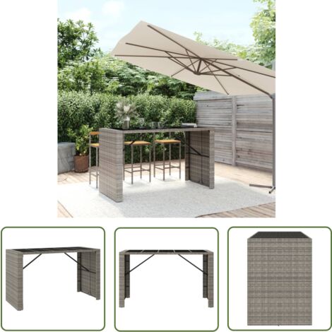 The Living Store Table de bar et dessus en verre gris 185x80x110 cm poly rotin - Table De Jardin - Table Bistrot - Table Extérieure - Mobilier De Jardin - Table En Verre