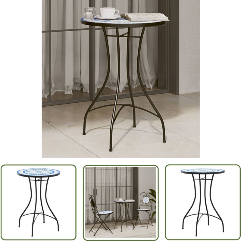 The Living Store - Table de bistro mosaïque bleu et blanc Ø50x70 cm céramique - Table De Bistro - Table Extérieure - Table Mosaïque - Table En