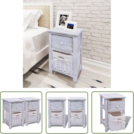 The Living Store Table de chevet 2 pcs Bois Blanc - Tables De Chevet - Meuble De Chambre - Table De Nuit - Commode - Rangement