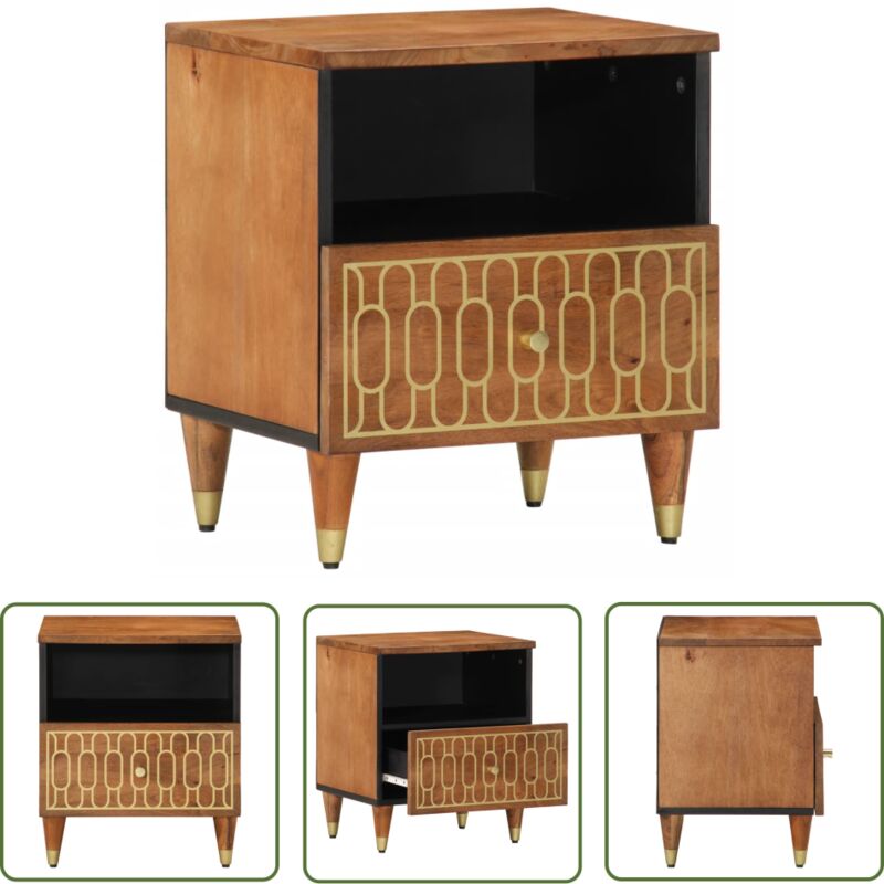 The Living Store - Table de chevet 40x33x46 cm Bois de manguier solide - Table De Chevet - Table Nuit - Meuble Chambre - Style Retro - Bois De