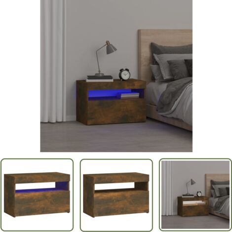 The Living Store Table de chevet avec lumières LED Chêne fumé 60x35x40 cm - Table De Chevet - Meuble De Chambre - Luminaire LED - Étagère Murale - Décoration Intérieure