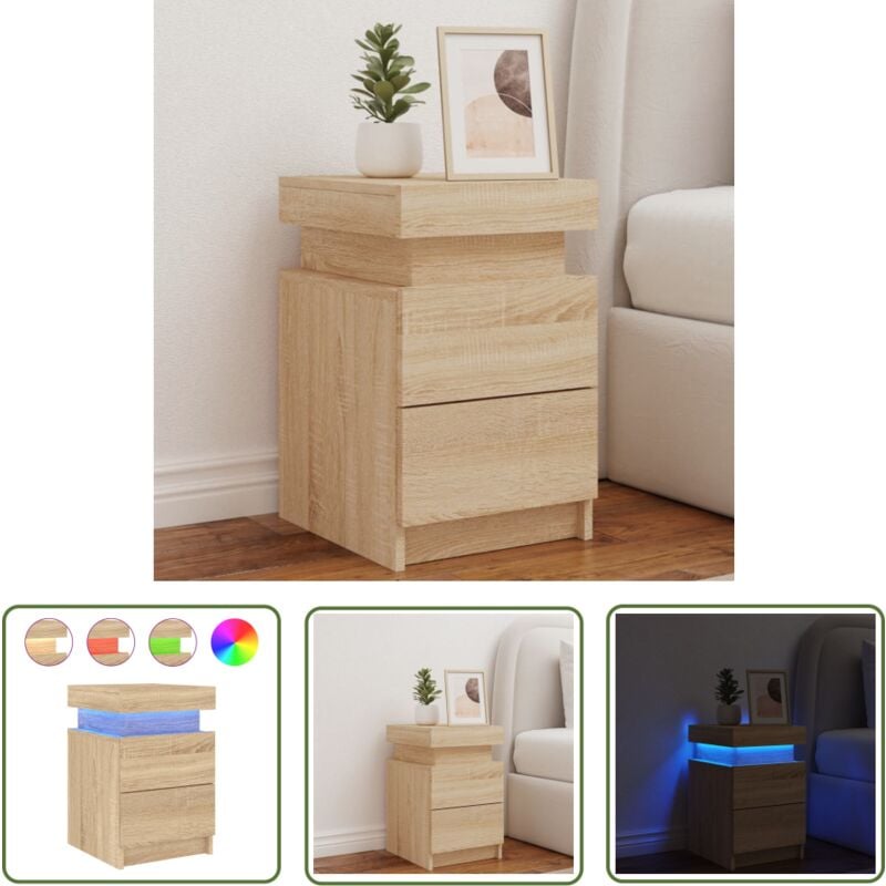 The Living Store - Table de chevet avec lumières led chêne sonoma 35x39x55 cm - Table De Chevet - Lampe De Chevet - Éclairage Led - Meuble De Chambre