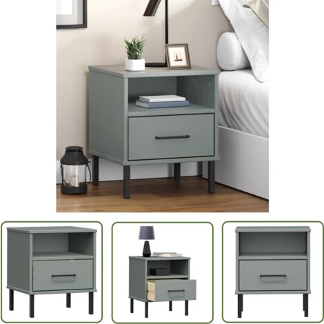The Living Store Table de chevet avec pieds en métal Gris Bois pin massif OSLO - Table De Chevet - Table Nuit - Meubles Industriels - Mobilier Chambre - Bois Massif