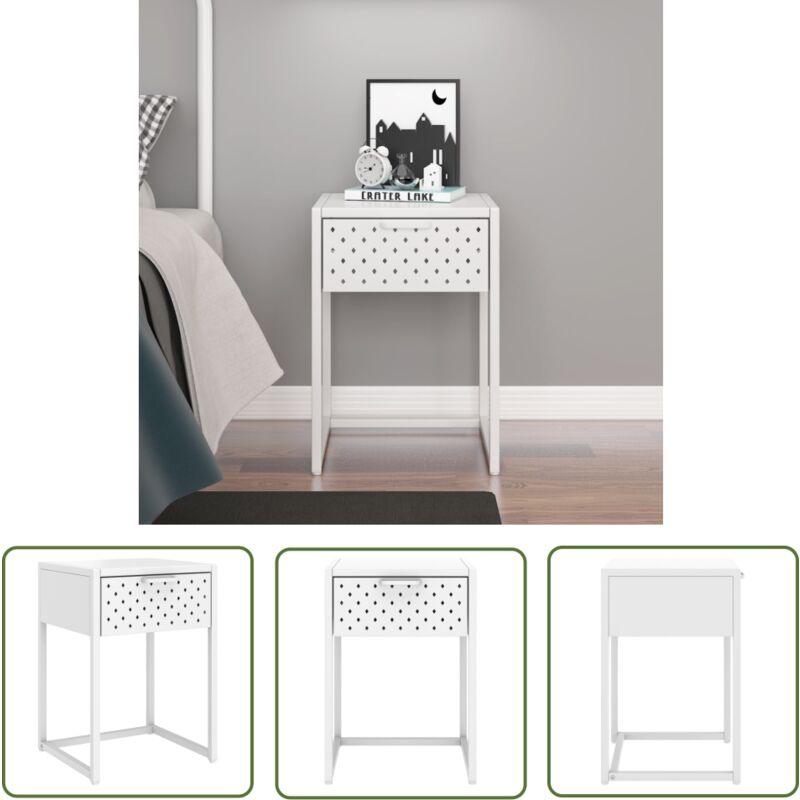 The Living Store Table de chevet Blanc 38x35x54 cm Acier - Table De Chevet - Meuble De Chambre - Table Nuit - Rangement Chambre - Table Blanche