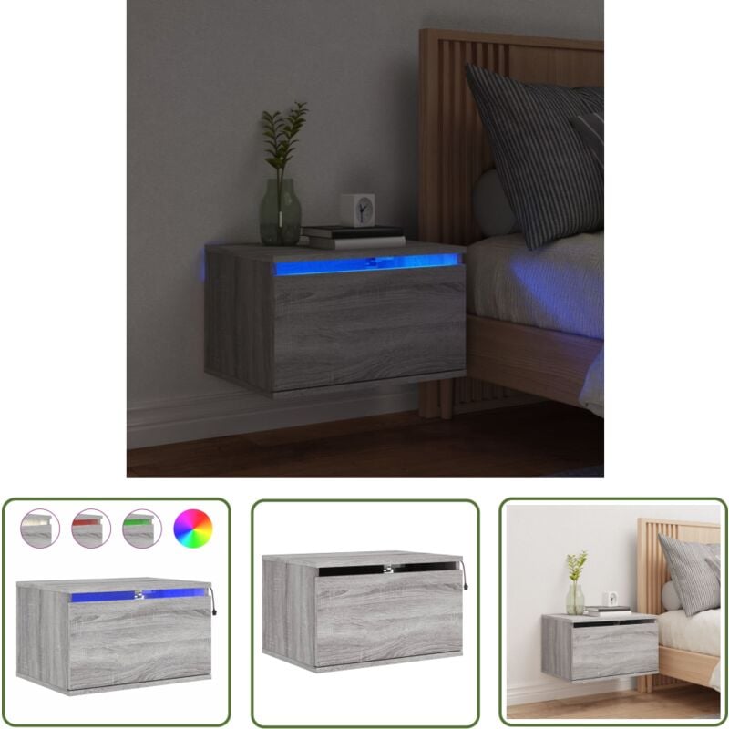 The Living Store - Table de chevet murale avec lumières led sonoma gris - Table De Chevet Murale - Meuble De Rangement Mural - Éclairage Led
