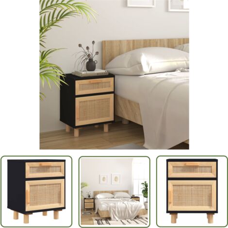 The Living Store Table de chevet Noir Bois de pin massif et rotin naturel - Meuble De Chambre - Table De Chevet - Meuble Scandinave - Commode - Armoire D'appoint