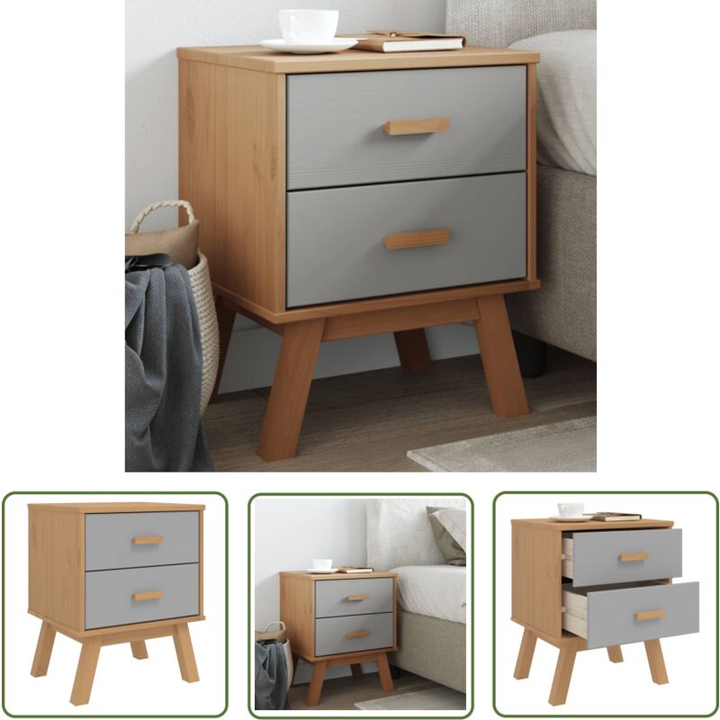 The Living Store - Table de chevet olden gris et marron bois de pin solide - Table De Chevet - Meuble De Chambre - Armoire De Chevet - Commode