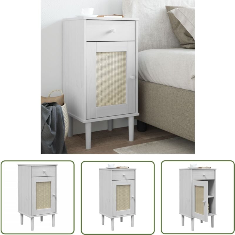 The Living Store - Table de chevet senja aspect de rotin blanc bois de pin massif - Table De Chevet - Meuble De Chambre - Table Nuit - Commode
