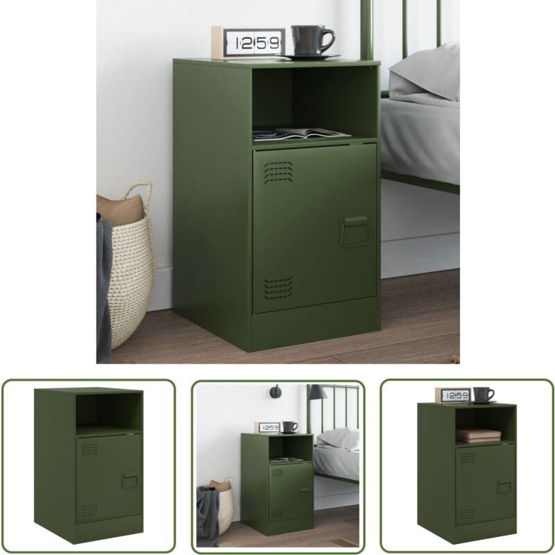 The Living Store - Table de chevet vert olive 34,5x39x62 cm acier - Table De Chevet - Meuble De Chambre - Commode - Rangement Intérieur - Meuble