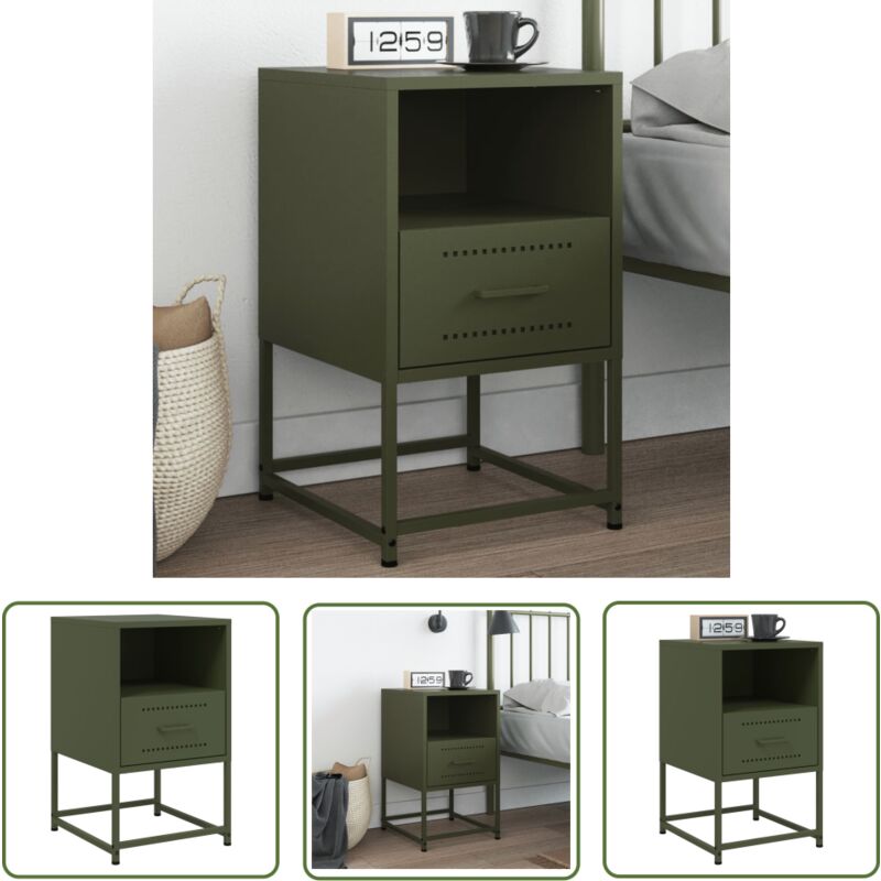 The Living Store - Table de chevet vert olive 36x39x60,5 cm acier - Table De Chevet Industrielle - Table De Nuit Design - Table De Chevet Métal