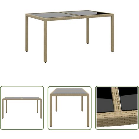 The Living Store Table de jardin 150x90x75 cm Verre trempé/résine tressée Beige - Table De Jardin - Table Extérieure - Mobilier De Jardin - Table En Résine Tressée - Table Avec Verre Trempé
