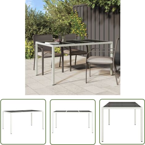 The Living Store Table de jardin 150x90x75 cm Verre trempé/résine tressée Blanc - Table De Jardin - Table Extérieure - Mobilier De Jardin - Table En Résine Tressée - Table Blanche