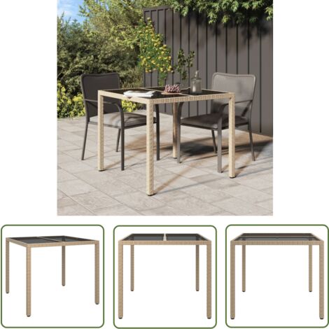 The Living Store Table de jardin 90x90x75cm Verre trempé et résine tressée Beige - Table De Jardin - Mobilier De Jardin - Table Extérieure - Table En Résine Tressée - Table Rectangulaire